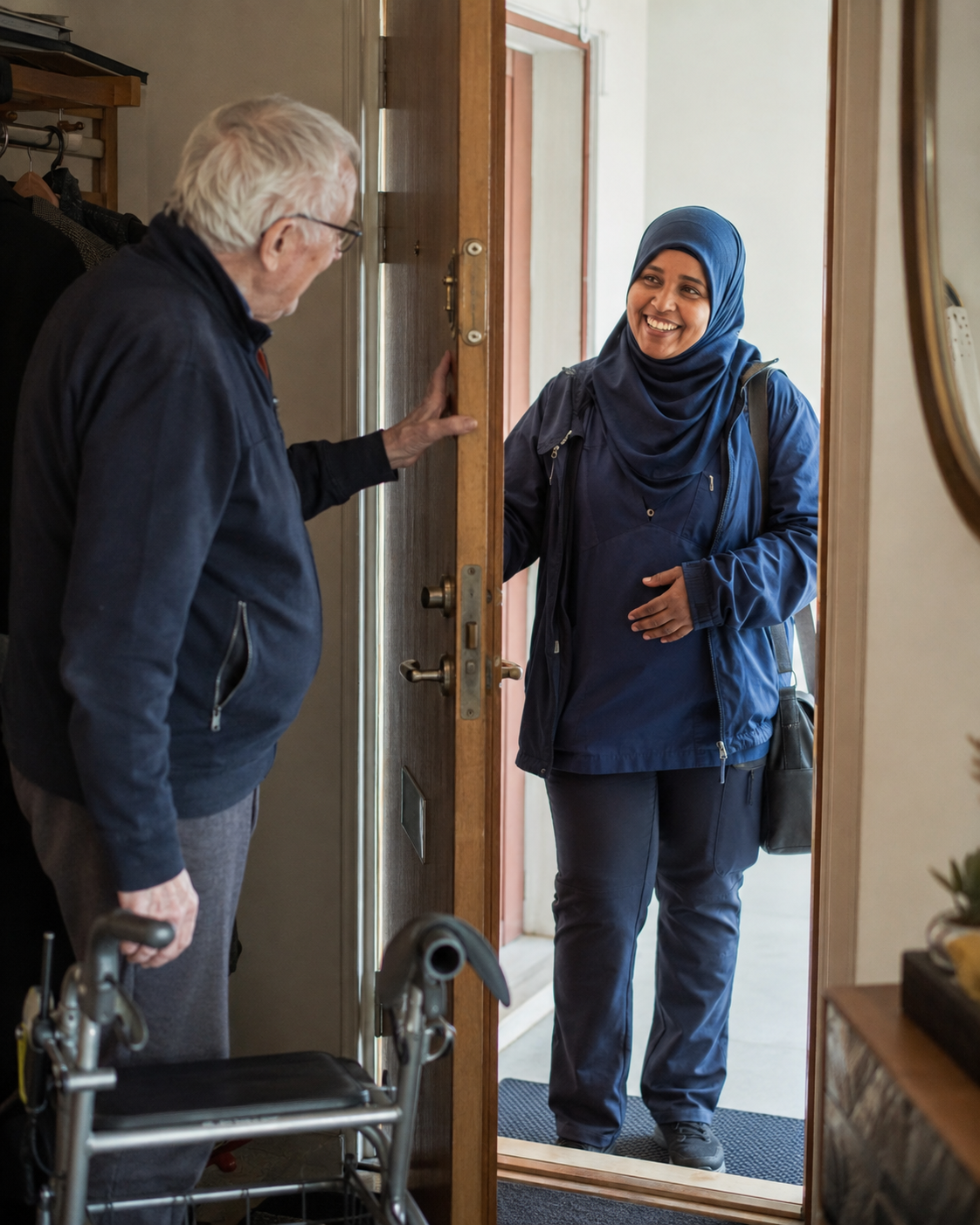 En äldre man med rollator öppnar ytterdörren för en hemtjänstmedarbetare.