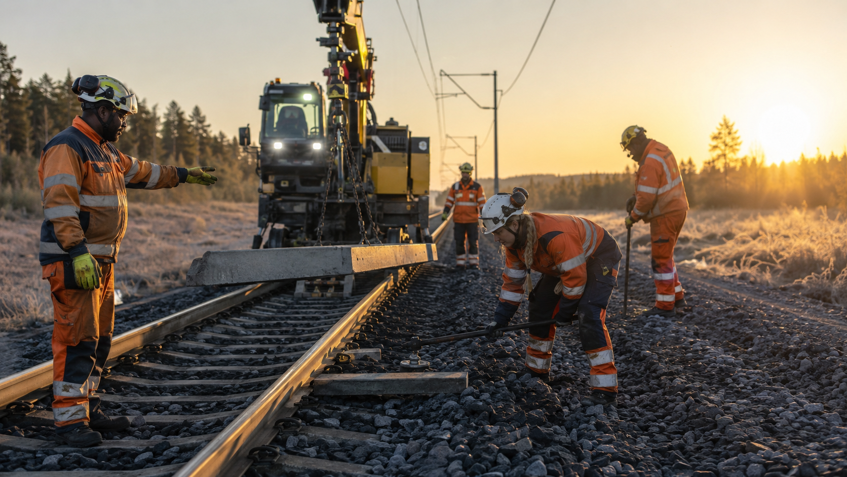 Banarbetare arbetar på ett järnvägsspår i tidigt morgonljus.