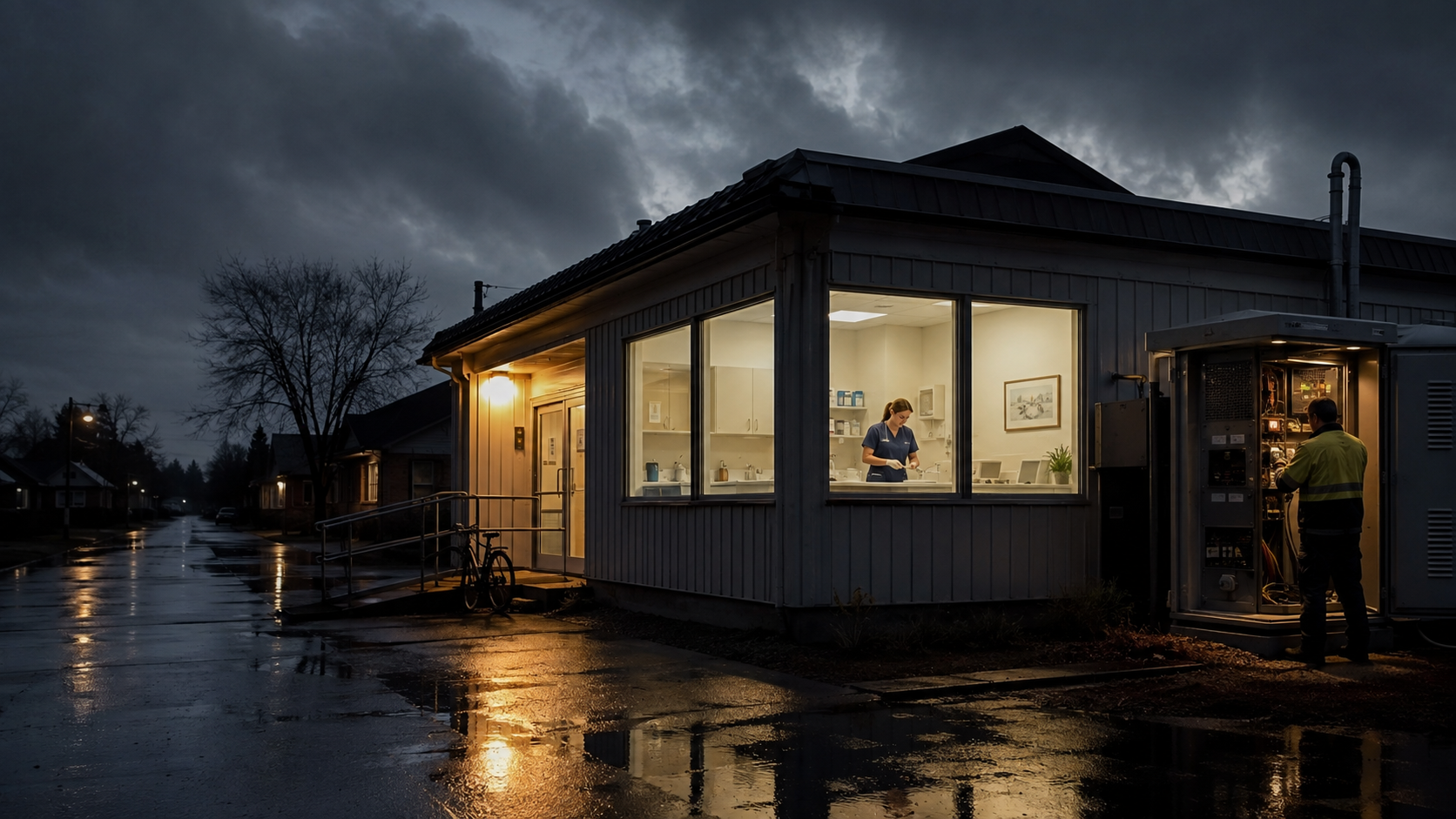 En upplyst vårdmottagning som fortfarande har öppet en mörk och regnig kväll.