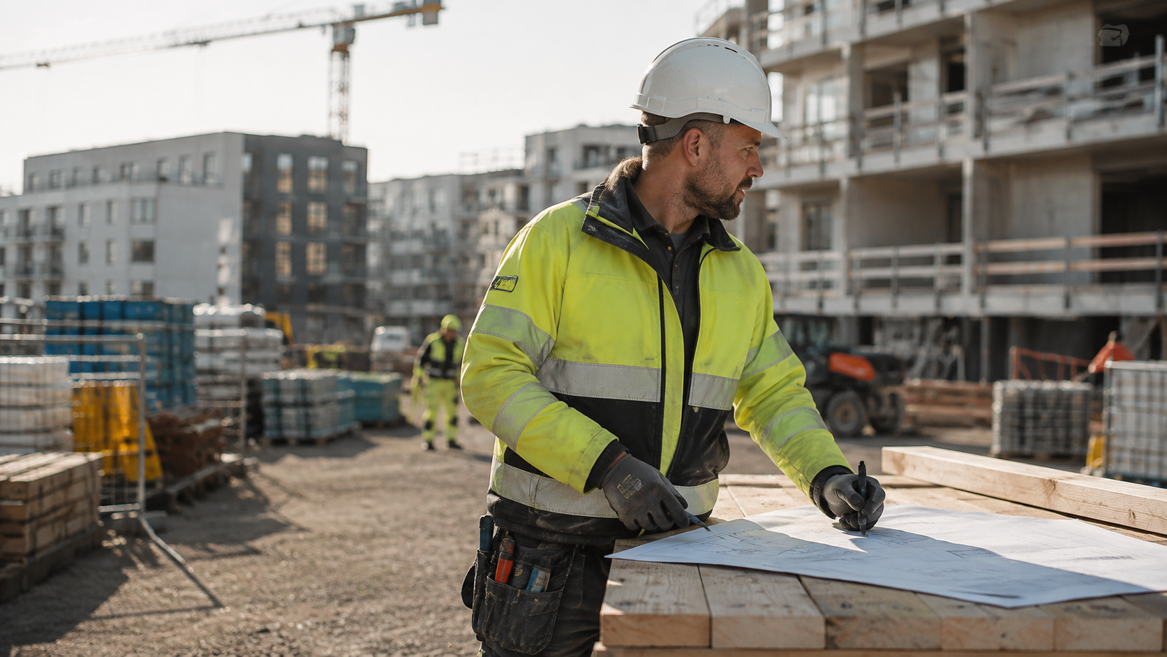 Byggarbetare i hjälm studerar en ritning på en byggarbetsplats.